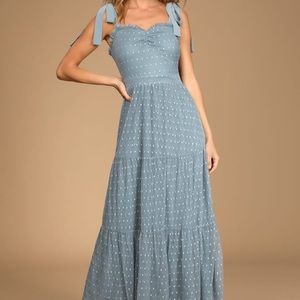Slate blue tie strap Swiss dot midi dress l. Brand new never worn.